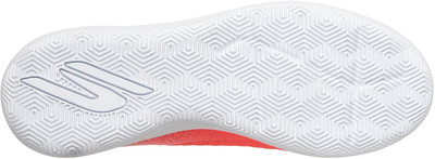 Schuhsohle mit sechseckigem Muster und Markenlogo. Schuhsohle mit sechseckigem Muster und Markenlogo.