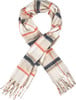 Gestrickter Schal mit Karomuster in Creme, Orange und Dunkelblau.