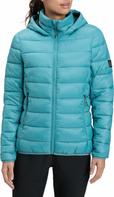 Damen-Steppjacke in Türkis mit Kapuze und Reißverschluss.