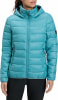 Damen-Steppjacke in Türkis mit Kapuze und Reißverschluss.