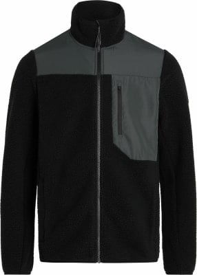 Schwarze Fleecejacke mit grauen Einsätzen und Reißverschlusstasche.