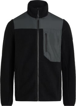 Schwarze Fleecejacke mit grauen Einsätzen und Reißverschlusstasche.