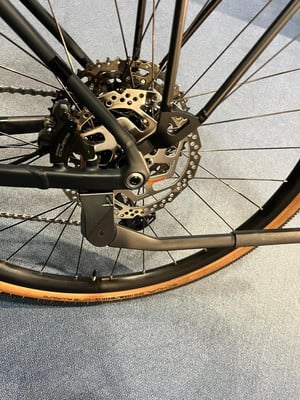 Detail eines Fahrrad-Hinterrads mit Scheibenbremse und Kassette.