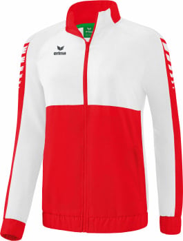 Weiße Jacke mit rotem Unterteil und Erima-Logo auf der Brust.