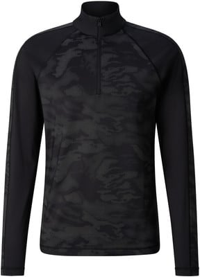 Schwarzes Herren-Langarmshirt mit halbem Reißverschluss und dezentem Muster. Schwarzes Herren-Langarmshirt mit halbem Reißverschluss und dezentem Muster.