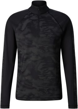 Schwarzes Herren-Langarmshirt mit halbem Reißverschluss und dezentem Muster.