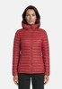 Rote Daunenjacke für Damen mit Kapuze und Reißverschluss.