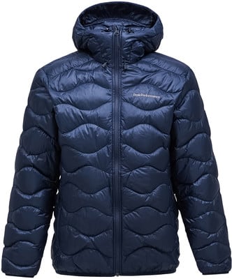 Blaue Daunenjacke mit Kapuze und Wellensteppung, Peak Performance Logo.