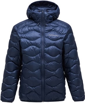 Blaue Daunenjacke mit Kapuze und Wellensteppung, Peak Performance Logo.