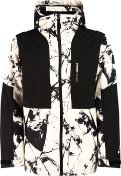 Jacke mit abstraktem schwarz-weißem Muster und schwarzen Schulterpartien.