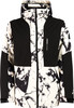 Jacke mit abstraktem schwarz-weißem Muster und schwarzen Schulterpartien.