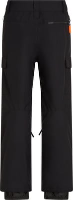 Schwarze Cargohose mit Taschen und orangefarbenem Reißverschlussdetail.