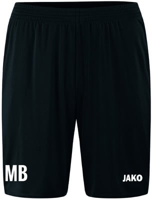 Schwarze Shorts mit weißem JAKO-Logo und Initialen MB.