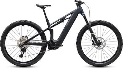 Ein graues Fullsuspension E-Mountainbike mit RockShox-Federung und Bosch-Motor. Ein graues Fullsuspension E-Mountainbike mit RockShox-Federung und Bosch-Motor.