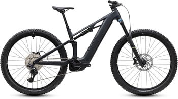 Ein graues Fullsuspension E-Mountainbike mit RockShox-Federung und Bosch-Motor.