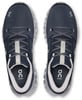 Draufsicht auf dunkelblaue Laufschuhe mit weißen Details und grauen Schnürsenkeln.