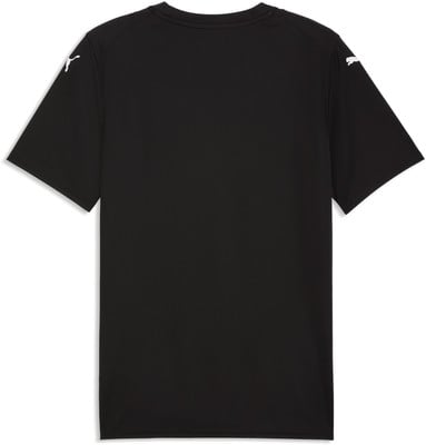 Schwarzes T-Shirt mit kurzen Ärmeln und Puma-Logo auf den Ärmeln.
