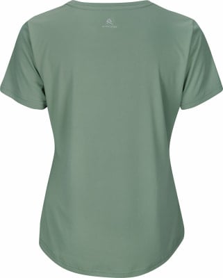 Grünes T-Shirt mit kurzen Ärmeln und Markenlogo auf dem Rücken.