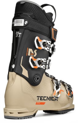 Tecnica Skischuh mit orangefarbenen Details und schwarzem Oberteil.