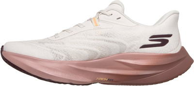 Weiße Skechers Laufschuhe mit rosa Sohle und S-Logo. Weiße Skechers Laufschuhe mit rosa Sohle und S-Logo.