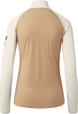 Rückansicht eines Damen-Oberteils in Beige mit langen cremefarbenen Ärmeln. Rückansicht eines Damen-Oberteils in Beige mit langen cremefarbenen Ärmeln.