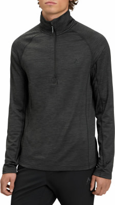 Herren-Pullover mit dunklen Streifen, Stehkragen und kurzem Reißverschluss. Herren-Pullover mit dunklen Streifen, Stehkragen und kurzem Reißverschluss.