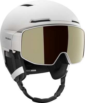 Weißer Salomon Skihelm mit integrierter Spiegelscheibe und verstellbaren Riemen. Weißer Salomon Skihelm mit integrierter Spiegelscheibe und verstellbaren Riemen.