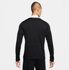 Rückansicht eines Mannes in einem schwarzen Langarmshirt mit weißem Kragen.
