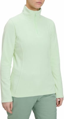 Damen hellgrüner Fleece-Pullover mit Stehkragen und kurzem Reißverschluss. Damen hellgrüner Fleece-Pullover mit Stehkragen und kurzem Reißverschluss.
