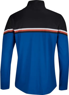 Rückseite einer schwarzen Jacke mit blauen Ärmeln und Streifen. Rückseite einer schwarzen Jacke mit blauen Ärmeln und Streifen.