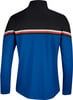 Rückseite einer schwarzen Jacke mit blauen Ärmeln und Streifen.