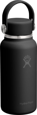 Schwarze Hydro Flask Thermoskanne mit Griff und Logo. Schwarze Hydro Flask Thermoskanne mit Griff und Logo.