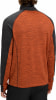 Rückansicht eines orangefarbenen Pullovers mit dunklen Ärmeln und Stehkragen.