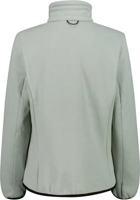 Rückansicht einer hellgrauen Fleecejacke mit Stehkragen und dunklem Saum. Rückansicht einer hellgrauen Fleecejacke mit Stehkragen und dunklem Saum.