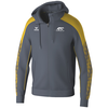 Grauer Kapuzenpullover mit gelben Akzenten und Logo.
