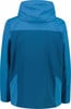 Rückseite einer blauen Jacke mit Kapuze und Farbblockierung.