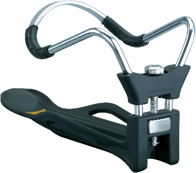 Schwarzer Fahrradhalter mit Metallgriffen und verstellbarer Schraube. Schwarzer Fahrradhalter mit Metallgriffen und verstellbarer Schraube.