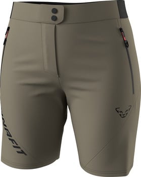 Herren-Khaki-Shorts mit schwarzem Logo und Reißverschlüssen an den Taschen.