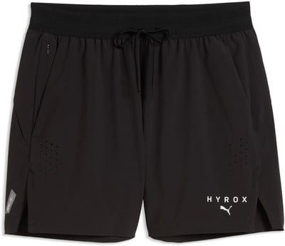 Schwarze Herren-Laufshorts mit Hyrox- und Puma-Logo und Perforation.