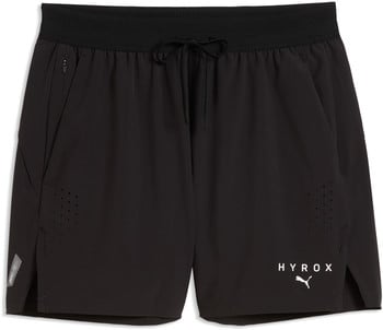 Schwarze Herren-Laufshorts mit Hyrox- und Puma-Logo und Perforation.