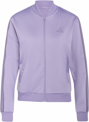 Violette Adidas Damenjacke mit drei Streifen an den Ärmeln. Violette Adidas Damenjacke mit drei Streifen an den Ärmeln.
