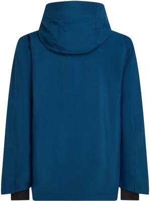 Rückansicht einer dunkelblauen Kapuzenjacke mit schwarzen Bündchen.