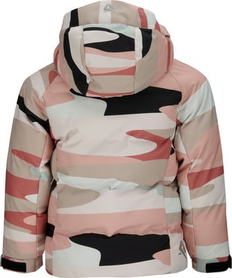Rückansicht einer Winterjacke mit buntem Tarnmuster.