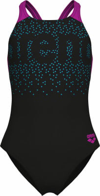 Schwarzer Damen-Badeanzug mit lila Trägern und blauen Punkten. Schwarzer Damen-Badeanzug mit lila Trägern und blauen Punkten.