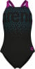 Schwarzer Damen-Badeanzug mit lila Trägern und blauen Punkten.