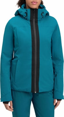 Damen-Ski-Jacke in Dunkeltürkis mit schwarzem Streifen und Kapuze. Damen-Ski-Jacke in Dunkeltürkis mit schwarzem Streifen und Kapuze.