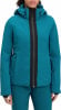 Damen-Ski-Jacke in Dunkeltürkis mit schwarzem Streifen und Kapuze.