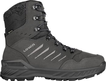 Grauer Herren-Wanderschuh mit Gore-Tex und Lowa-Logo.