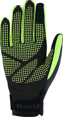 Schwarze Fahrradhandschuhe mit grünen Anti-Rutsch-Punkten und Roeckl-Logo. Schwarze Fahrradhandschuhe mit grünen Anti-Rutsch-Punkten und Roeckl-Logo.