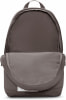 Ein offener grauer Rucksack mit Hauptfach und Fronttasche.